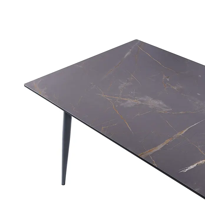 Esstisch TOLENTINO in Grau - (W) 90 x (H) 75 x - L - Dunkelgrauer Tisch mit gold-marmorierter Platte und dunklem konischem Bein.