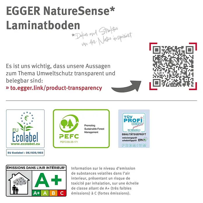 Egger Laminat NatureSense Skanderborg - Skanderborg Eiche sand, 1.292 x 327 x 8 mm - EGGER NatureSense Laminatboden mit Umweltzertifizierungen (EU Ecolabel, PEFC, TÜV) und A+ Raumluftqualität.