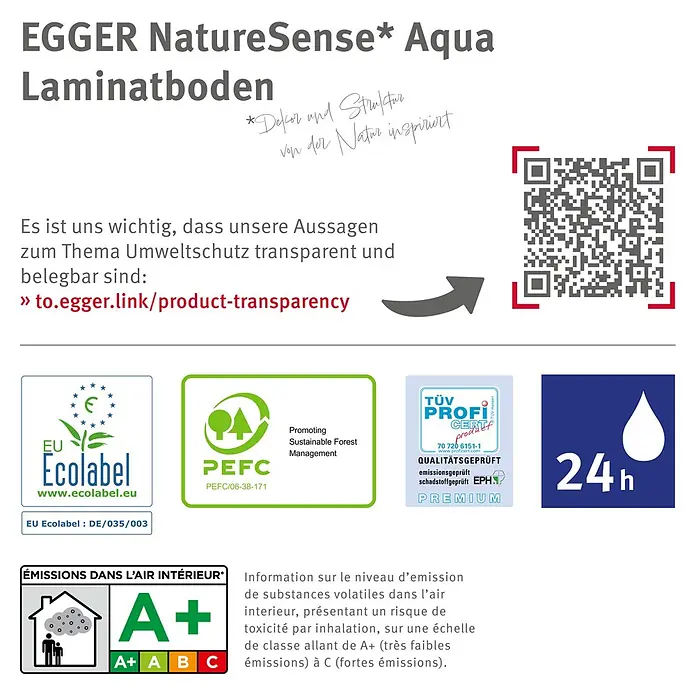 Egger Laminat NatureSense Aqua - Calvia Stein sandgrau, 1.292 x 327 x 8 mm - EGGER NatureSense Aqua Laminatboden mit Umweltsiegeln und 24h Wasserschutz.