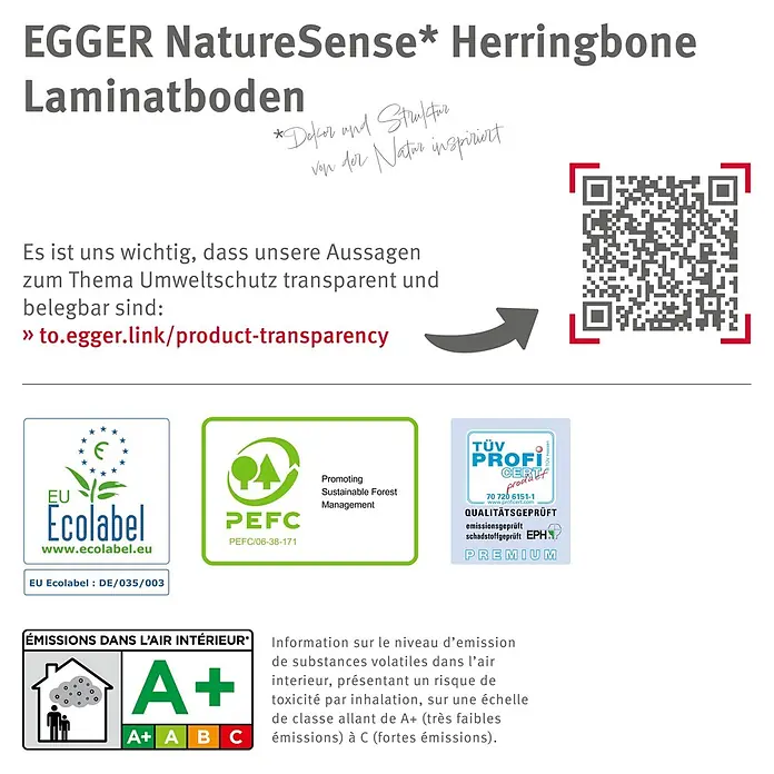 Egger Laminat NatureSense Herringbone - Casella Eiche natur, Fischgrät, 840 x 168 x 8 mm - EGGER NatureSense Herringbone Laminatboden mit Umweltzertifizierungen und Transparenzhinweisen.
