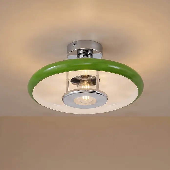 Lindby Deckenlampe in grün, chrom, Deckenleuchte -  - Grüne und verchromte Deckenleuchte mit Scheibenschirm und sichtbarer Glühbirne.