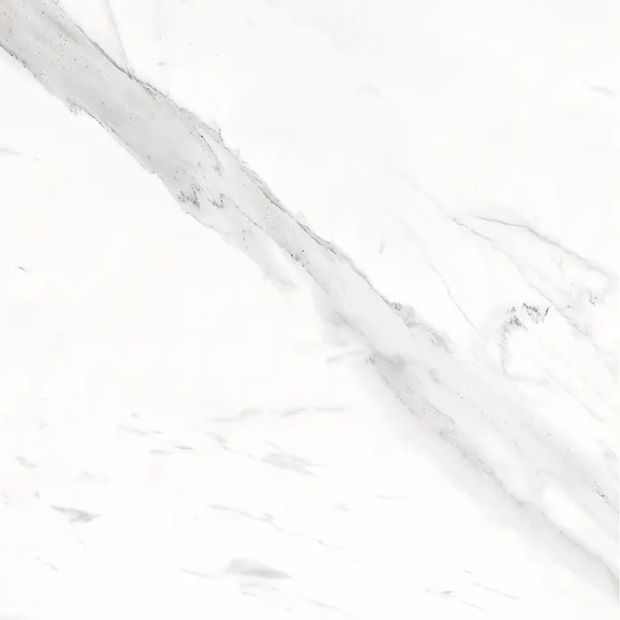 Opiart Feinsteinzeugfliese Blanco - 29,7 x 59,7 cm, Weiß, Glänzend - Weiße Marmoroberfläche mit markanter, diagonal verlaufender grauer Äderung.