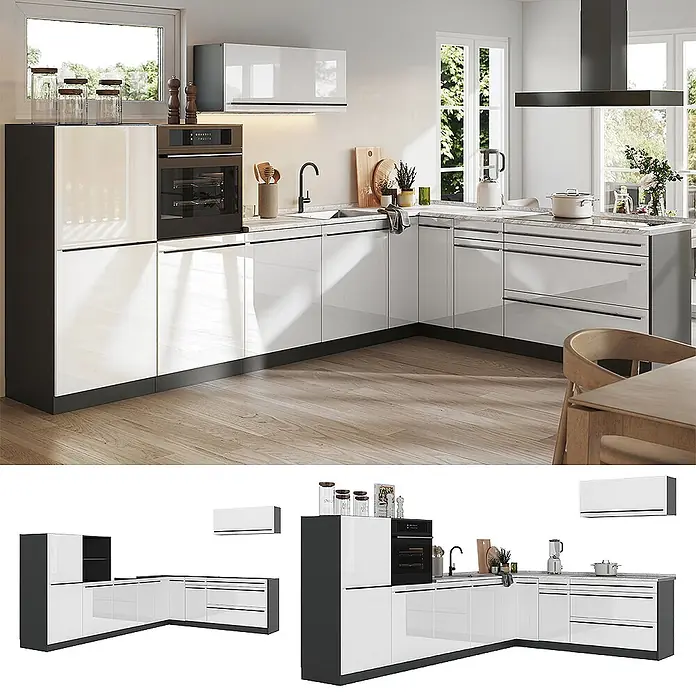 Eckküche R-Line 327 cm Weiß Hochglanz Art.-Nr. 66789 -  - Moderne L-förmige Küche mit glänzend weißen Schränken und dunkelgrauen Akzenten, mit integriertem Backofen und Spüle.