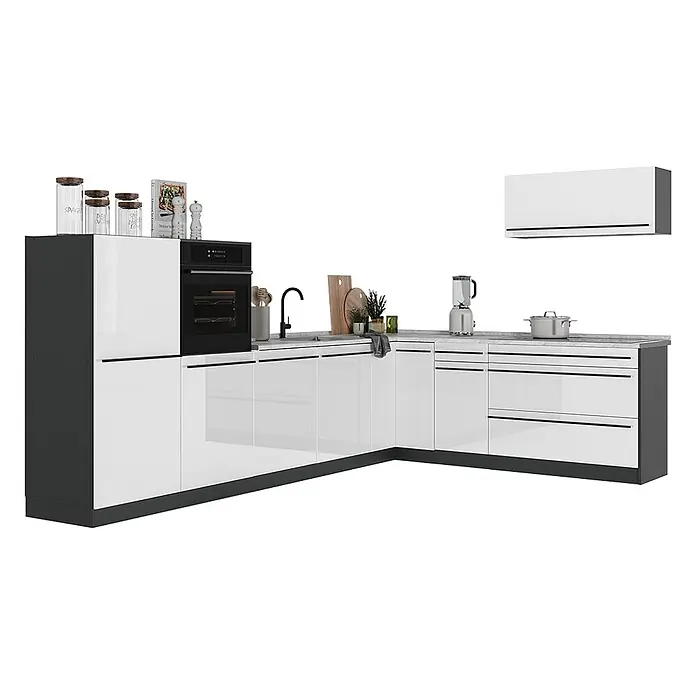 Eckküche R-Line 327 cm Weiß Hochglanz Art.-Nr. 66789 -  - Moderne L-förmige Küche mit hochglanzweißen Schränken, dunkelgrauen Akzenten, integriertem Backofen und Spüle.