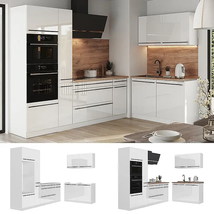 Eckküche R-Line 230 cm Weiß Hochglanz Art.-Nr. 66746 -  - Moderne Hochglanz-Einbauküche in Weiß mit Holztheken und schwarzen Griffen, integrierten Öfen, Kochfeld und Spüle.