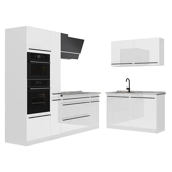 Eckküche R-Line 230 cm Weiß Hochglanz Art.-Nr. 66747 -  - Weiße Hochglanz-Modulküche mit schwarzen Griffen, integrierten Öfen, Dunstabzugshaube und Spülbecken mit schwarzer Armatur.