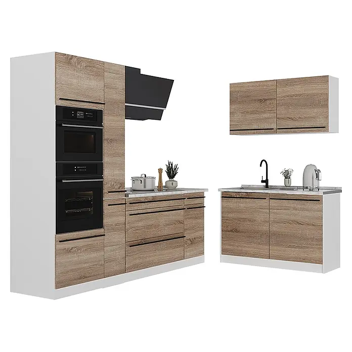 Eckküche R-Line 230 cm Sonoma Art.-Nr. 67514 -  - Moderne Küchenzeile mit hellbraunen Holzmaserungsschränken, weißen Rahmen, schwarzen Griffen, Einbauöfen, Dunstabzugshaube, Spüle und Hängeschränken.