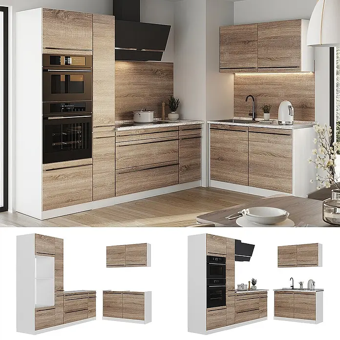 Eckküche R-Line 230 cm Sonoma Art.-Nr. 67514 -  - Moderne Modulküche in heller Holzoptik und Weiß, mit integrierten Öfen, Kochfeld, Spüle und viel Stauraum.
