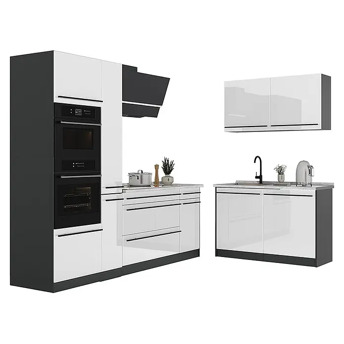 Eckküche R-Line 230 cm Weiß Hochglanz Art.-Nr. 66719 -  - Moderne Modulküche mit weißen Hochglanzfronten und dunkelgrauen Rahmen, ausgestattet mit integrierten Öfen, Kochfeld, Spüle und Hängeschränken.
