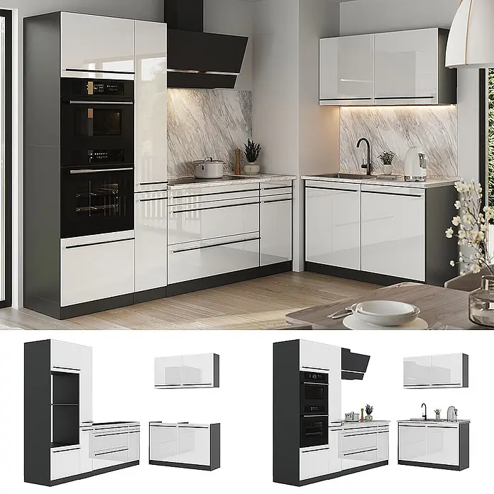Eckküche R-Line 230 cm Weiß Hochglanz Art.-Nr. 66719 -  - Moderne schwarz-weiß glänzende Küche mit integrierten Öfen, Herd und Spüle, mit Marmor-Spritzschutz und dunkelgrauem Sockel.