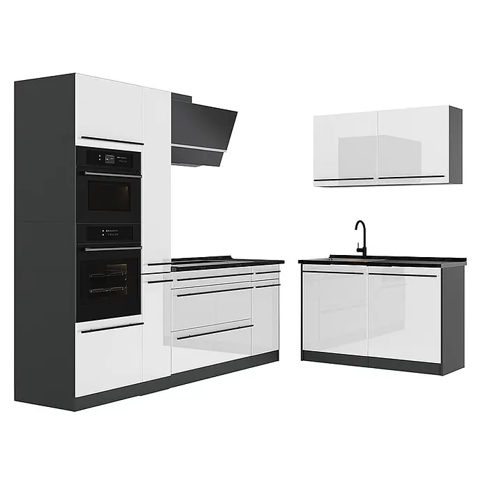 Eckküche R-Line 230 cm Weiß Hochglanz Art.-Nr. 66717 -  - Moderne Küchenzeile mit weiß glänzenden Schränken, schwarzen Arbeitsplatten und dunklen Akzenten.