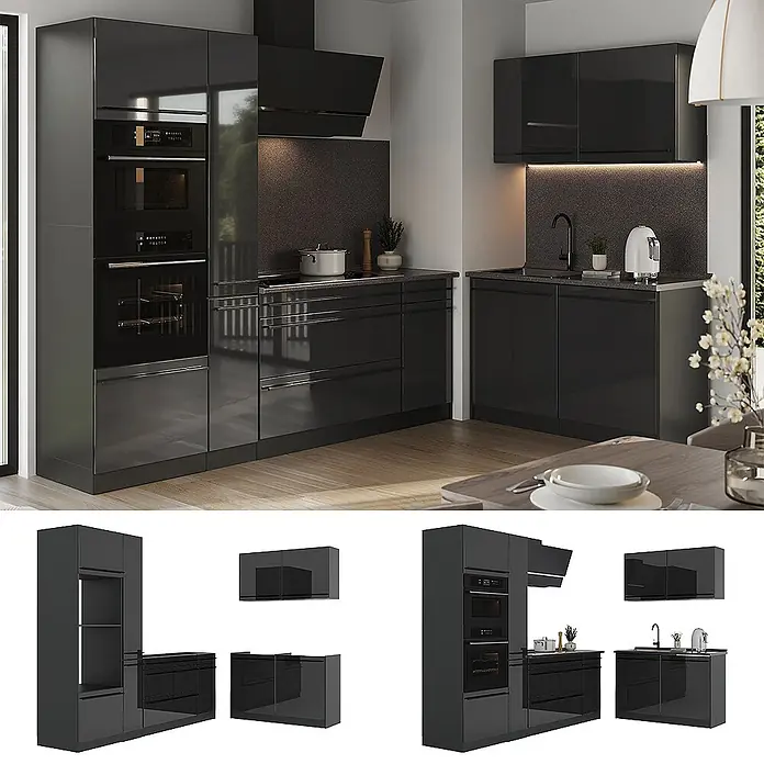 Eckküche R-Line 230 cm Anthrazit Hochglanz Art.-Nr. 66708 -  - Moderne, hochglänzende, dunkelgraue modulare Küche mit integrierten Geräten, Spüle und Dunstabzugshaube.