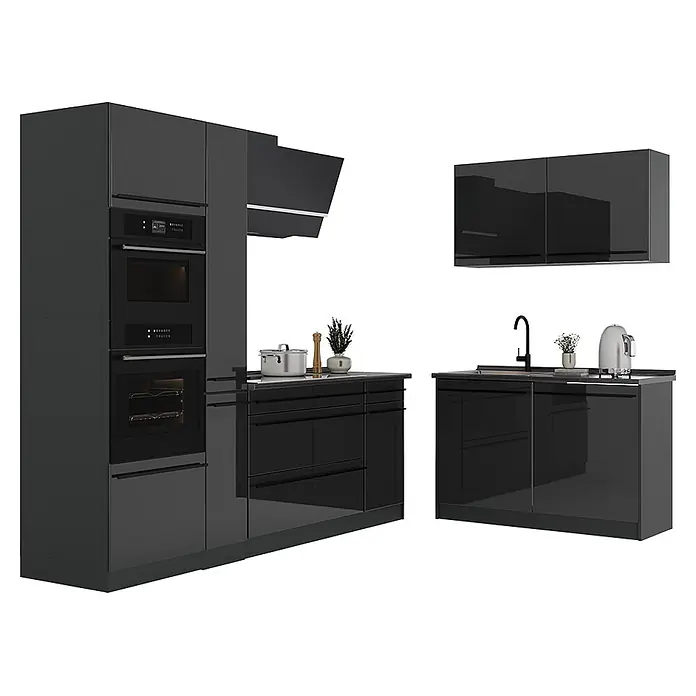Eckküche R-Line 230 cm Anthrazit Hochglanz Art.-Nr. 66708 -  - Hochglanzschwarze modulare Küchenzeile mit integriertem Backofen, Mikrowelle, Dunstabzugshaube und Spüle.