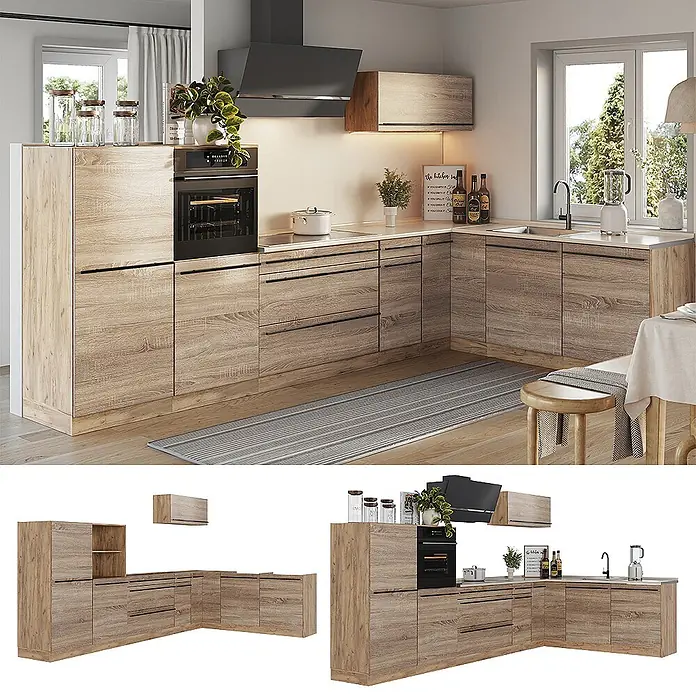 Eckküche R-Line 347 cm Sonoma Art.-Nr. 67613 -  - Eine L-förmige Modulküche mit hellen Holz-Effekt-Schränken, integriertem Ofen, Spüle und Kochfeld in einer modernen Wohnumgebung.