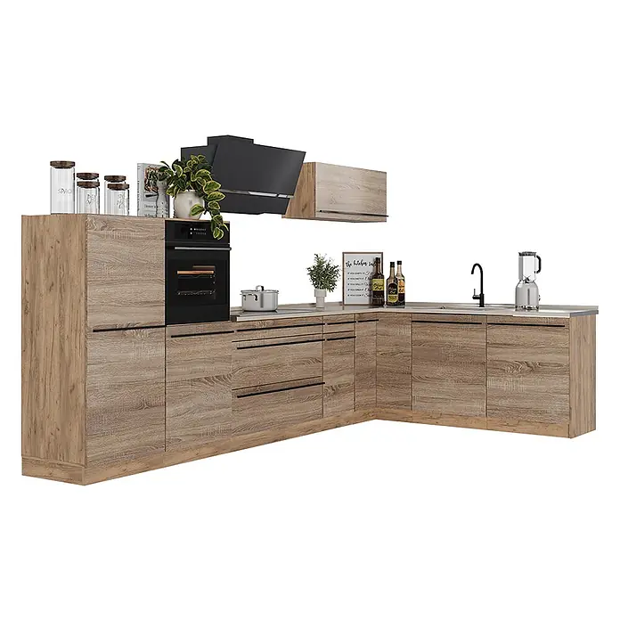 Eckküche R-Line 347 cm Sonoma Art.-Nr. 67613 -  - L-förmige Küchenzeile in heller Holzoptik mit schwarzen Griffen, integriertem Backofen, Kochfeld, Spüle und Dunstabzugshaube.