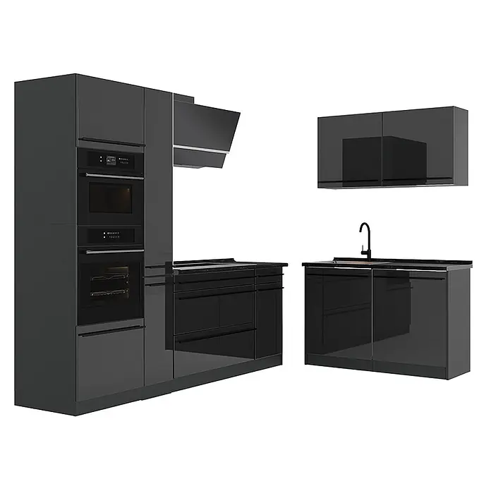 Eckküche R-Line 230 cm Anthrazit Hochglanz Art.-Nr. 66708 -  - Moderne hochglanzdunkelgraue Küchenschränke mit integrierten Öfen, Mikrowelle, Dunstabzugshaube und Spüle.