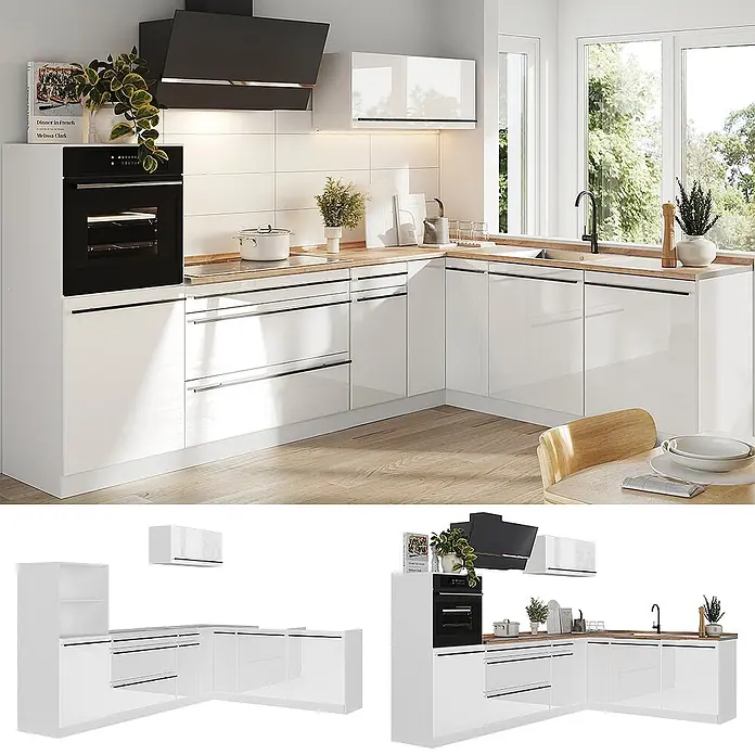 Eckküche R-Line 287 cm Weiß Hochglanz Art.-Nr. 66773 -  - Moderne L-förmige Küche in Weiß Hochglanz mit hellen Holzplatten und schwarzen Details, inklusive integriertem Ofen und Dunstabzug.