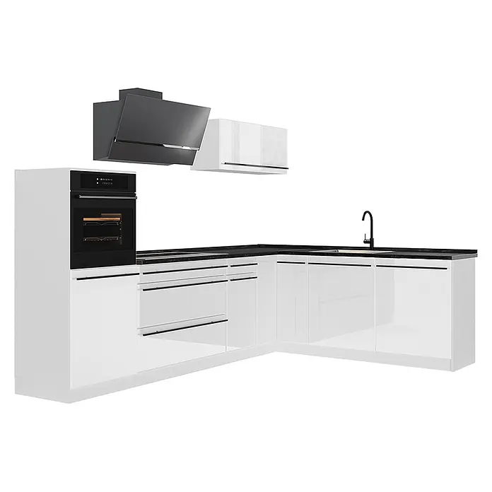 Eckküche R-Line 287 cm Weiß Hochglanz Art.-Nr. 66773 -  - Moderne L-förmige Küchenzeile mit weißen Hochglanzschränken, schwarzer Arbeitsplatte, Einbaubackofen, Spüle und dunkler Dunstabzugshaube.