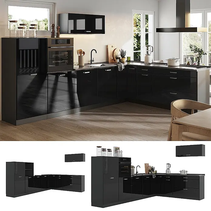 Eckküche R-Line 327 cm Schwarz Hochglanz Art.-Nr. 66788 -  - Komplette schwarze Hochglanz-Modulküche mit verschiedenen Schränken und integrierten Geräten.