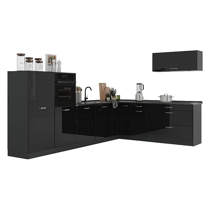 Eckküche R-Line 327 cm Schwarz Hochglanz Art.-Nr. 66788 -  - Schwarze, glänzende L-förmige Küchenzeile mit integriertem Backofen, Spüle und Hängeschrank.