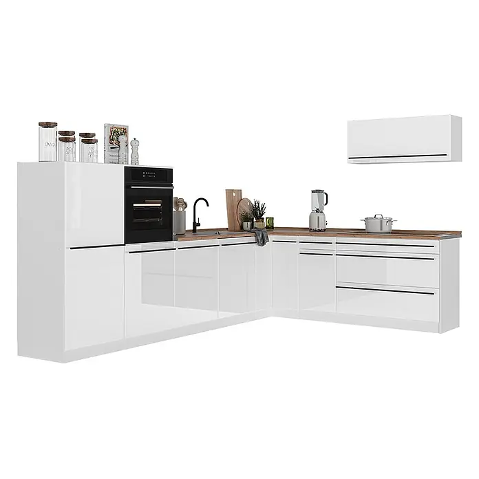 Eckküche R-Line 327 cm Weiß Hochglanz Art.-Nr. 66817 -  - Moderne weiße Hochglanz-Eckküche mit Holzplatte und integrierten Geräten.