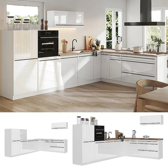 Eckküche R-Line 327 cm Weiß Hochglanz Art.-Nr. 66817 -  - Moderne L-förmige Küche mit hochglänzenden weißen Schränken, Holzplatte, integriertem Ofen und schwarzen Griffen.