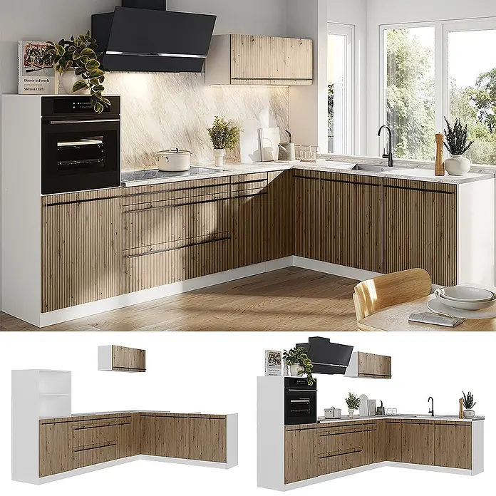 Eckküche R-Line 287 cm Artisan-Eiche Art.-Nr. 67529 -  - L-förmige Küche mit geriffelten Fronten in Naturholzoptik, weißen Arbeitsplatten und integrierten Geräten in hellem Raum.