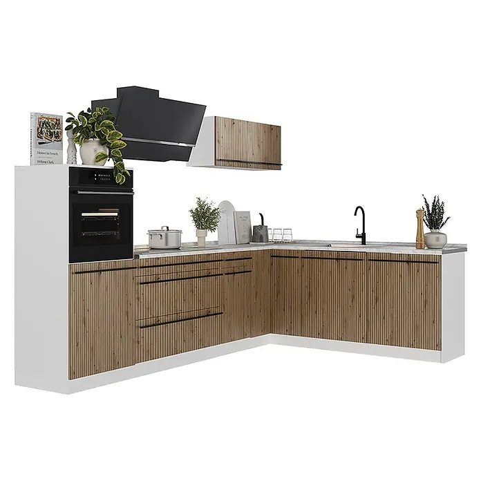 Eckküche R-Line 287 cm Artisan-Eiche Art.-Nr. 67529 -  - L-förmige Küchenzeile mit weißen Oberschränken, braunen Lamellen-Unterschränken, heller Marmorplatte, schwarzem Ofen und Wasserhahn.