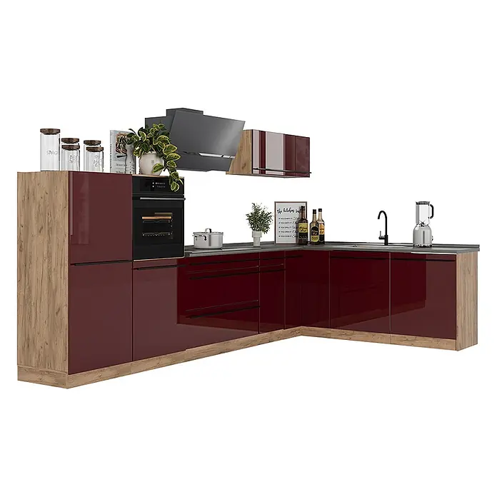 Eckküche R-Line 347 cm Rot Hochglanz Art.-Nr. 66843 -  - L-förmige Küche mit hochglänzenden weinroten Schränken, heller Holzoptik, grauer Arbeitsplatte und integrierten Geräten.