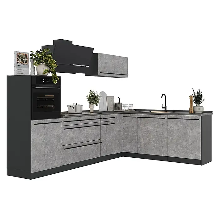 Eckküche R-Line 287 cm Beton Art.-Nr. 67523 -  - Moderne L-förmige Küchenzeile mit dunkelgrauen und Betonoptik-Schränken, integriertem Ofen und Spüle.