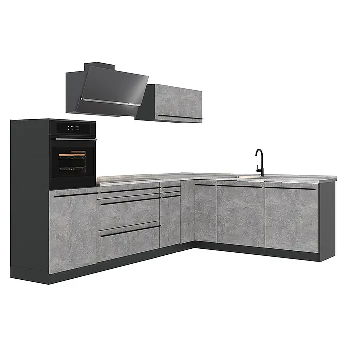 Eckküche R-Line 287 cm Beton Art.-Nr. 67523 -  - L-förmige Küchenzeile mit grauen Betonoptik-Schränken, schwarzem Einbaubackofen und dunkelgrauer Dunstabzugshaube.