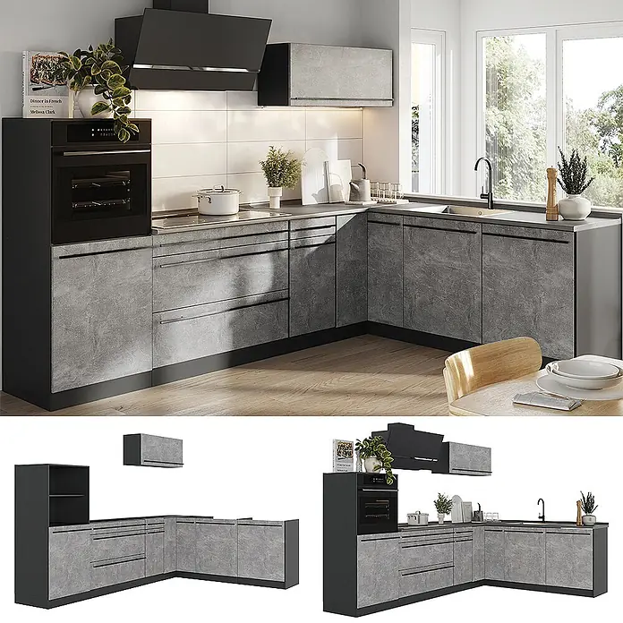 Eckküche R-Line 287 cm Beton Art.-Nr. 67523 -  - L-förmige Küche mit grauen Betonoptik-Schränken, schwarzem Sockel, integriertem Backofen, Kochfeld und Spüle.
