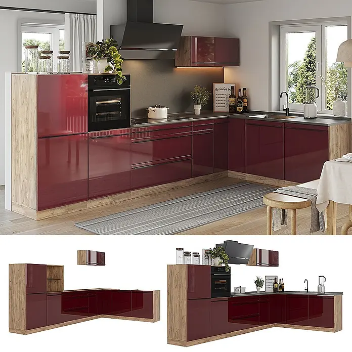 Eckküche R-Line 347 cm Rot Hochglanz Art.-Nr. 66843 -  - Moderne L-förmige Küchenzeile mit glänzenden weinroten Schränken und hellen Holzverkleidungen, integriertem Ofen und Spüle.