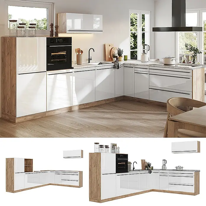 Eckküche R-Line 327 cm Weiß Hochglanz Art.-Nr. 66805 -  - Moderne L-förmige Küche mit weißen Hochglanzfronten, Holzdetails, integriertem Backofen und Spüle.