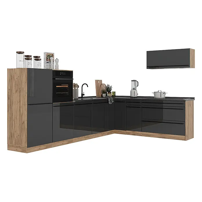 Eckküche R-Line 327 cm Anthrazit Hochglanz Art.-Nr. 66793 -  - Moderne L-Küchenzeile mit dunkelgrauen Hochglanzfronten, heller Eichendekor, integriertem Backofen und Spüle.