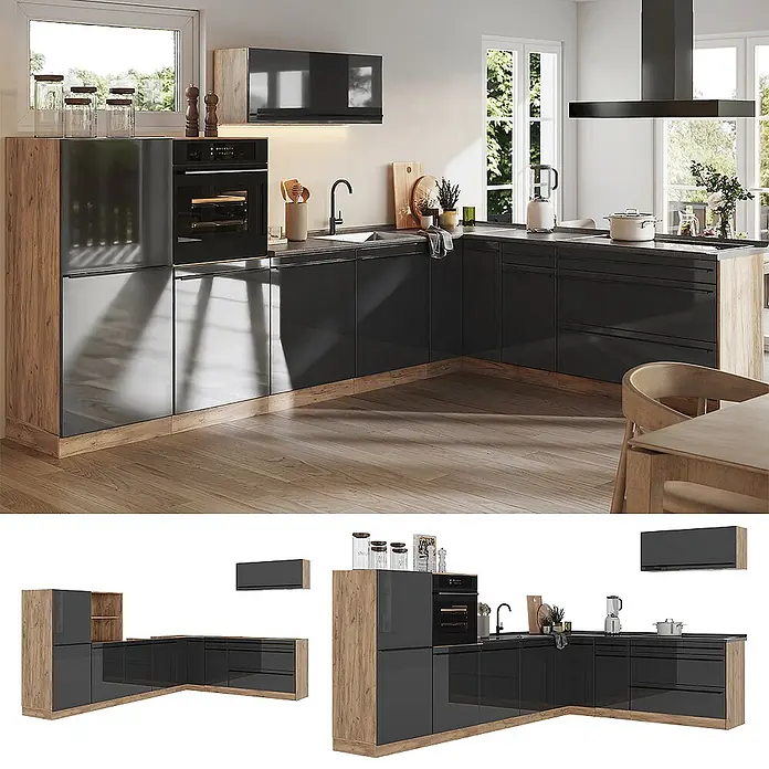 Eckküche R-Line 327 cm Anthrazit Hochglanz Art.-Nr. 66793 -  - Moderne L-Küche mit dunkelgrauen Hochglanzfronten und Holzakzenten, inklusive Backofen und Spüle.