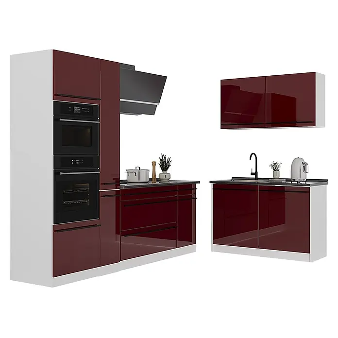 Eckküche R-Line 230 cm Rot Hochglanz Art.-Nr. 66737 -  - Moderne Modulküche mit hochglänzenden weinroten Türen und weißen Korpi, inklusive integrierter Geräte und Spüle.
