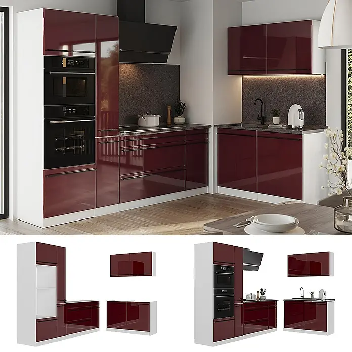 Eckküche R-Line 230 cm Rot Hochglanz Art.-Nr. 66737 -  - L-förmige moderne Küche mit glänzenden weinroten Schränken, weißen Paneelen und integrierten Geräten.