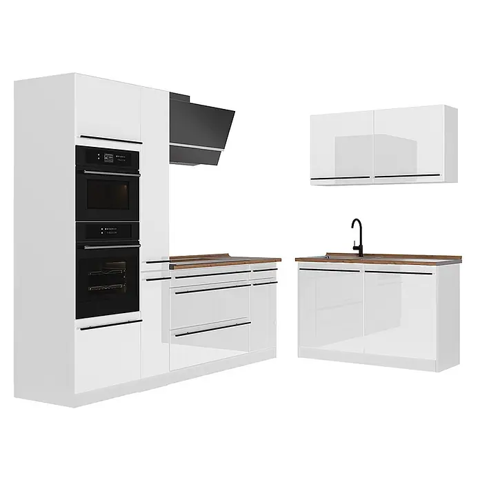 Eckküche R-Line 230 cm Weiß Hochglanz Art.-Nr. 66746 -  - Moderne, weiße Hochglanz-Küchenmöbel mit schwarzen Einbauöfen, passender Dunstabzugshaube und Holz-Arbeitsplatten, inklusive Spülbeckenunterschrank.
