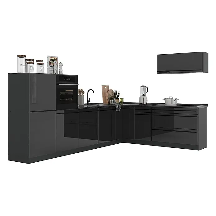 Eckküche R-Line 327 cm Anthrazit Hochglanz Art.-Nr. 66780 -  - L-förmige dunkelgraue Hochglanz-Küchenzeile mit integriertem Backofen, Spüle und Küchengeräten.