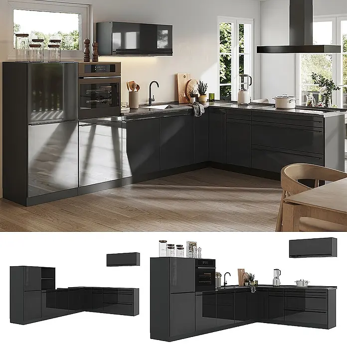 Eckküche R-Line 327 cm Anthrazit Hochglanz Art.-Nr. 66780 -  - Dunkel glänzende L-förmige Küche mit integriertem Ofen und Spüle in einem hellen, modernen Raum.