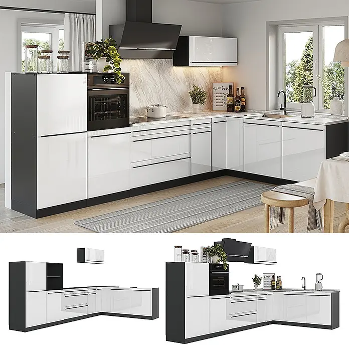 Eckküche R-Line 347 cm Weiß Hochglanz Art.-Nr. 66833 -  - Moderne L-förmige Küchenmöbel mit weißen Hochglanzfronten, dunkelgrauen Elementen und integrierten Geräten.