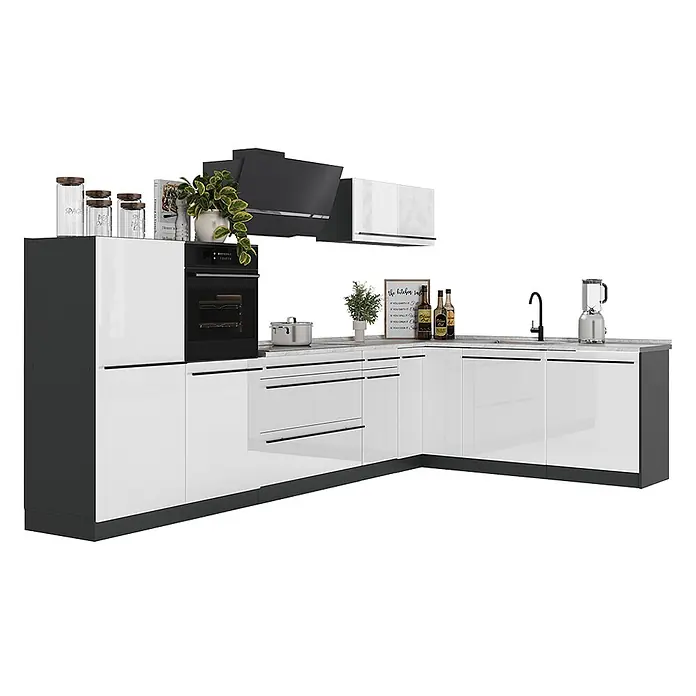 Eckküche R-Line 347 cm Weiß Hochglanz Art.-Nr. 66833 -  - Moderne L-förmige Küchenzeile mit hochglänzenden weiß-schwarzen Schränken, integriertem Backofen und Spüle.