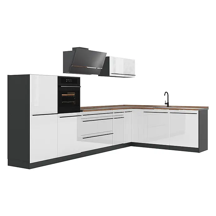 Eckküche R-Line 347 cm Weiß Hochglanz Art.-Nr. 66834 -  - Moderne L-förmige Küche mit weißen Hochglanztüren, dunkelgrauen Rahmen, Holzplatte, schwarzem Backofen, Spüle und Dunstabzugshaube.