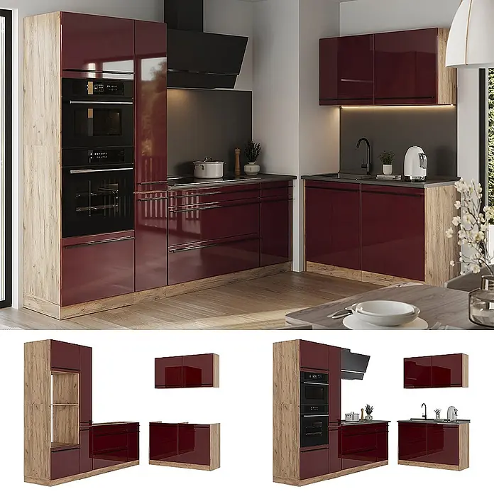 Eckküche R-Line 230 cm Rot Hochglanz Art.-Nr. 66725 -  - Moderne Küche mit hochglanzburgunderfarbenen Schränken, hellen Holzpaneelen, integrierten Öfen, Kochfeld und Spüle. Zeigt L-Form und modulare Komponenten.