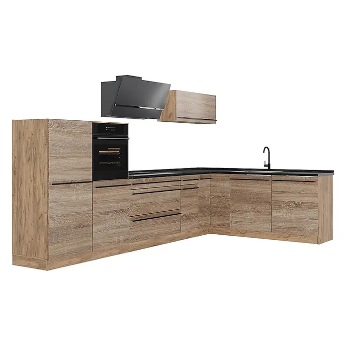 Eckküche R-Line 347 cm Sonoma Art.-Nr. 67613 -  - L-förmige Küchenzeile mit hellen Holzmaserungsschränken, schwarzer Arbeitsplatte, Einbauofen, Spüle und Dunstabzugshaube.