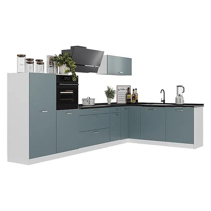 Eckküche R-Line 347 cm Blau-Grau Art.-Nr. 67626 -  - L-förmige Küchenzeile mit blaugrauen Fronten, weißem Korpus und schwarzer Arbeitsplatte, inklusive integriertem Backofen, Spüle und Dunstabzugshaube.