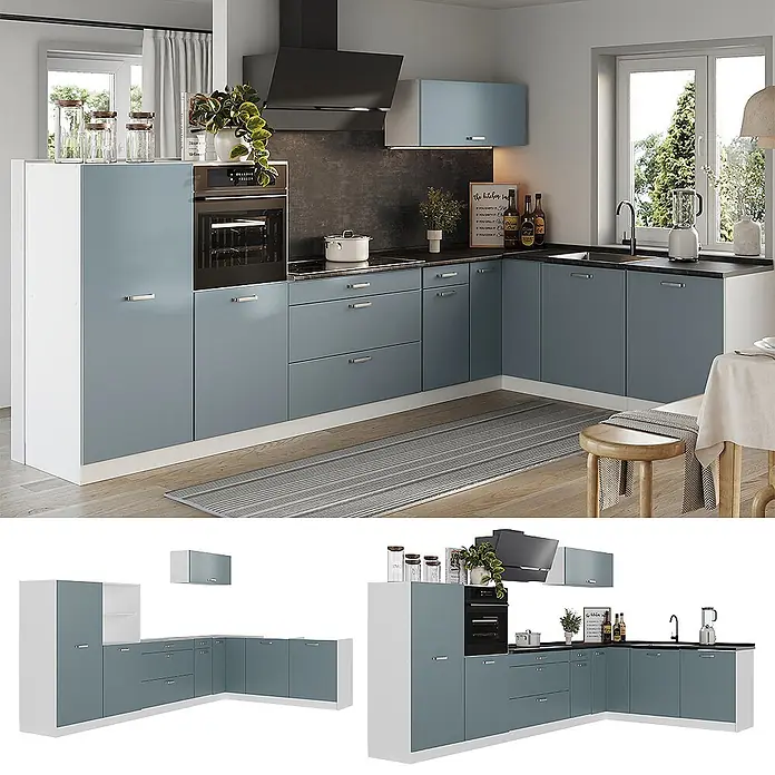 Eckküche R-Line 347 cm Blau-Grau Art.-Nr. 67626 -  - L-förmige moderne Einbauküche in Blau-Weiß mit integriertem Backofen, Kochfeld und Spüle, in einer zeitgenössischen Wohnumgebung.