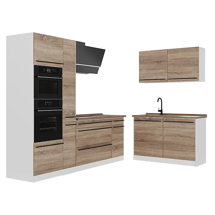 Eckküche R-Line 230 cm Sonoma Art.-Nr. 67514 -  - Moderne Küchenzeile mit hellen Holzmaserungsschränken und weißen Rahmen, inklusive schwarzer Öfen, Mikrowelle, Dunstabzug und Spüle.