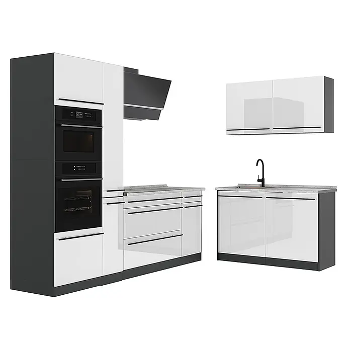 Eckküche R-Line 230 cm Weiß Hochglanz Art.-Nr. 66719 -  - Moderne Küchenzeile mit weißen Hochglanzfronten, schwarzen Griffen und grauen Elementen. Mit integrierten Öfen und Spülbecken.